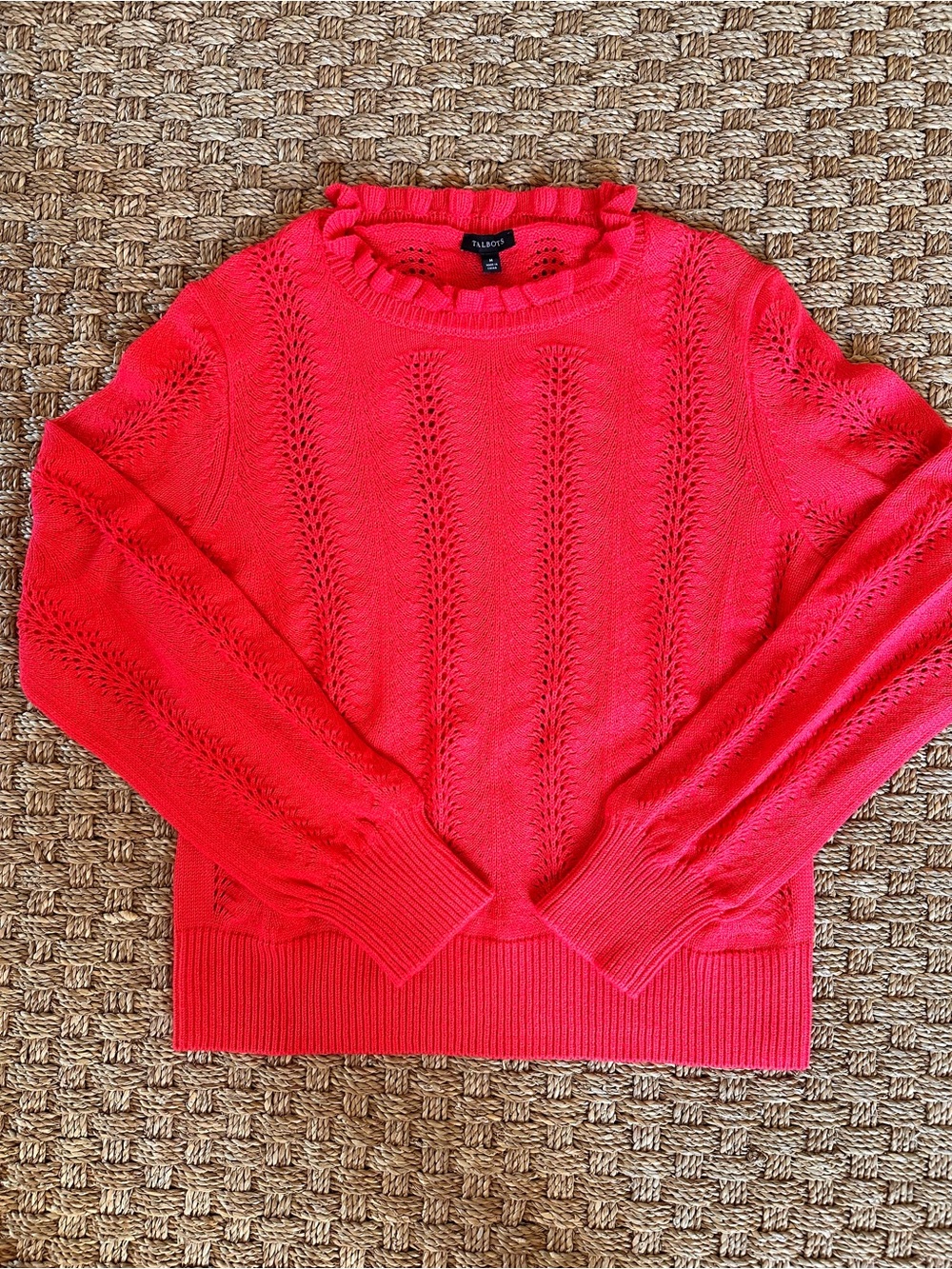 NWOT Talbots Coral Pink Pointelle Ruffle Neck Sweater Size M